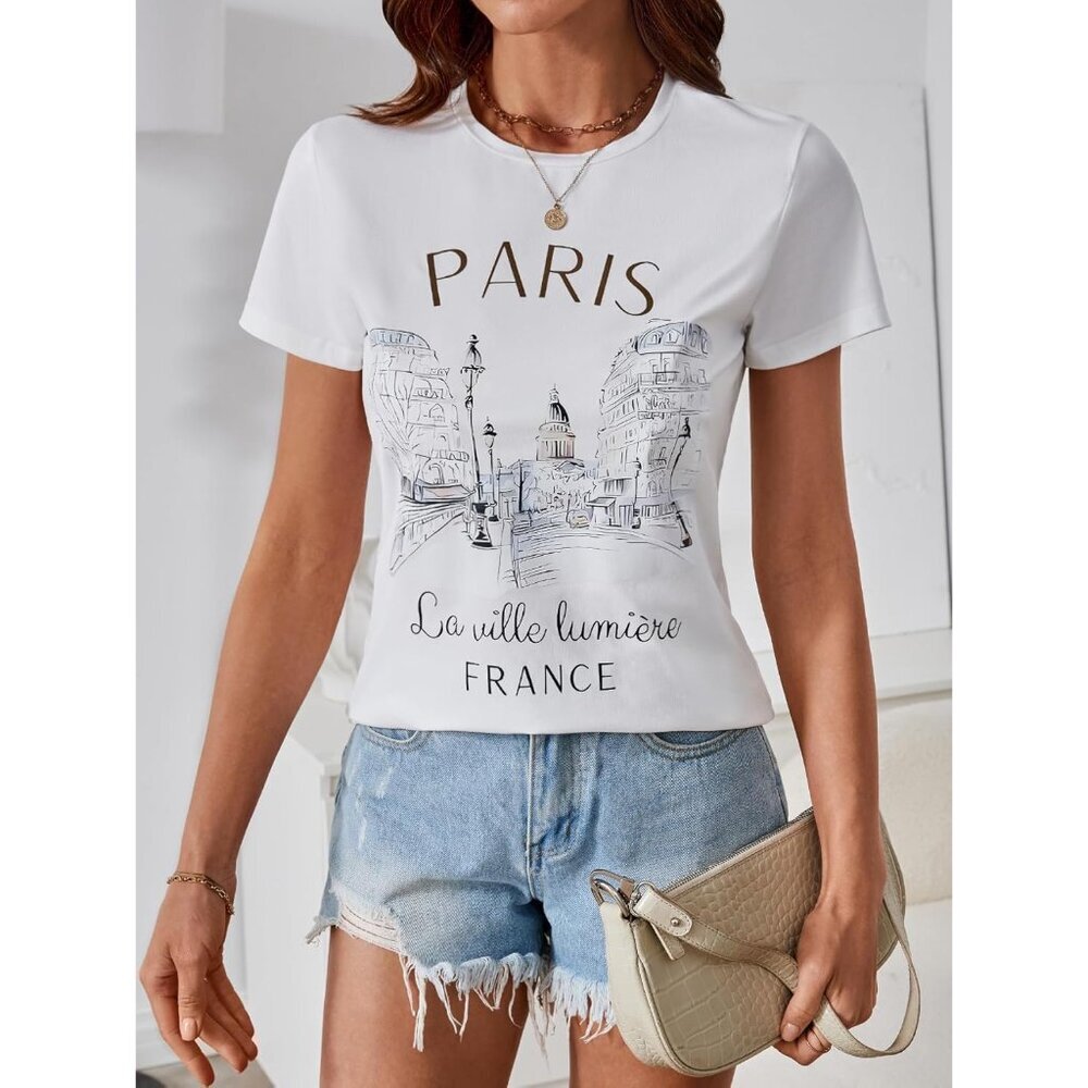 Women's Paris Graphic T Shirt Crew Neck Short Sleeve Casual Top Large - Picture 3 of 7